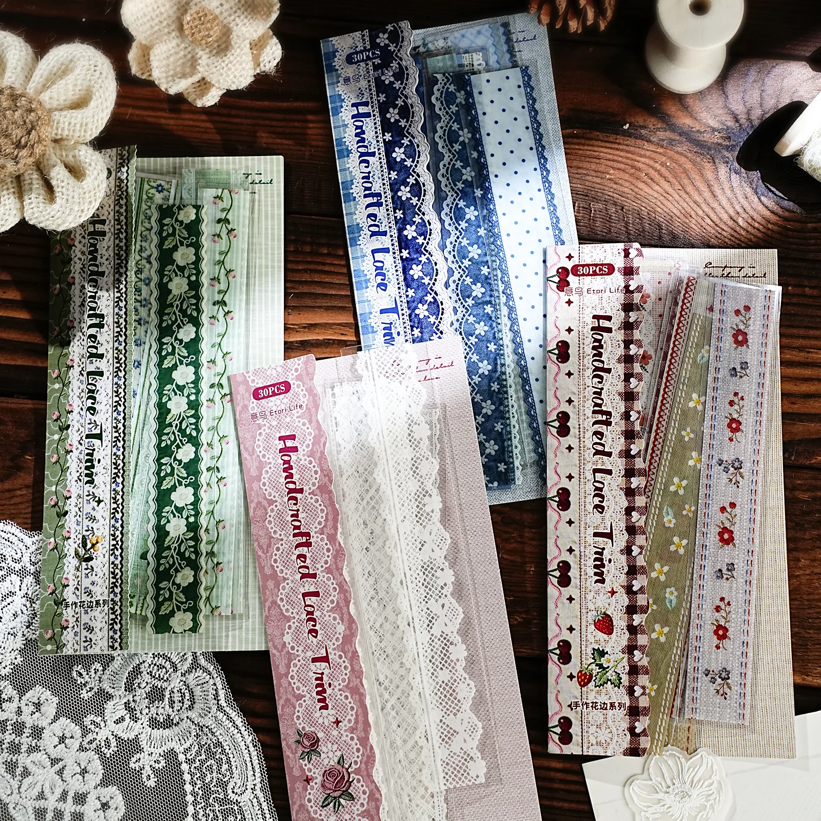 Etori Life Handmade Lace Series 30Pcs/Bag Vintage Lace Strip Stickers Pastoral Floral Artistic Journal Collage Decorative Strips for Children's Gift Paper Bags, Notebooks, Suitcases, Handmade Scrapbooking Supplies, Stamp Albums, DIY Artwork, Vintage Parties, Diaries, Pencil Cases, Stationery Stickers
