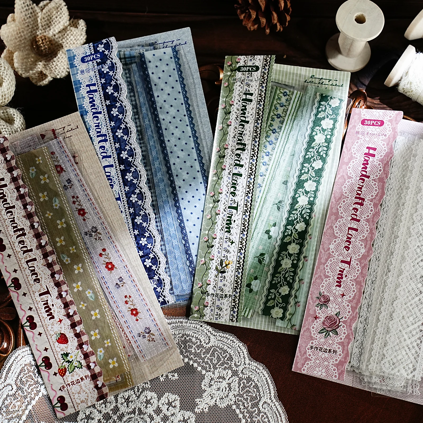 Etori Life Handmade Lace Series 30Pcs/Bag Vintage Lace Strip Stickers Pastoral Floral Artistic Journal Collage Decorative Strips for Children's Gift Paper Bags, Notebooks, Suitcases, Handmade Scrapbooking Supplies, Stamp Albums, DIY Artwork, Vintage Parties, Diaries, Pencil Cases, Stationery Stickers