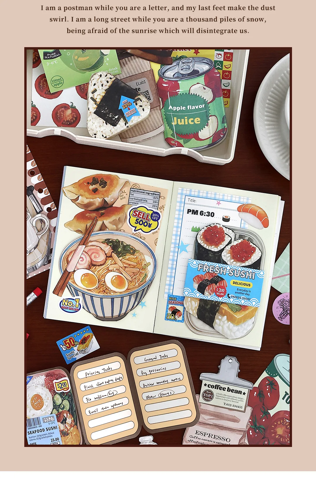 20pcs/pack Kawaii Ins Fresh Store Series Food and Coffee Material Pack DIY Scrapbook Handbook Aesthetic Stationery Supplies