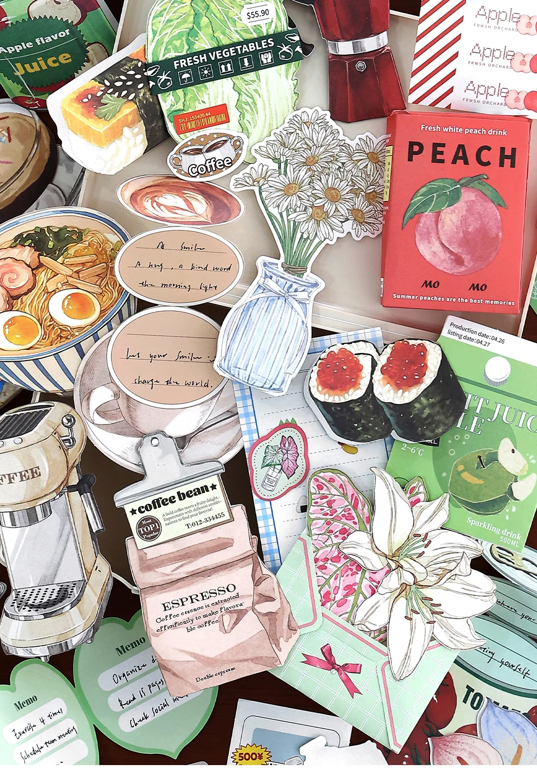 20pcs/pack Kawaii Ins Fresh Store Series Food and Coffee Material Pack DIY Scrapbook Handbook Aesthetic Stationery Supplies