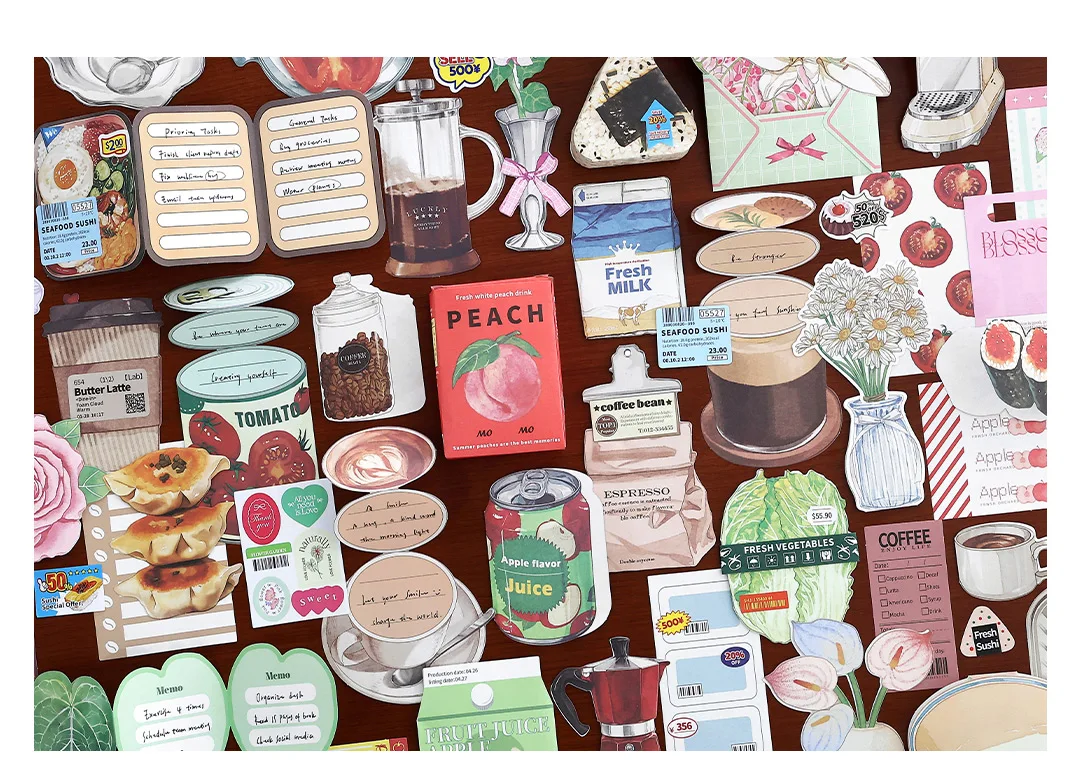 20pcs/pack Kawaii Ins Fresh Store Series Food and Coffee Material Pack DIY Scrapbook Handbook Aesthetic Stationery Supplies