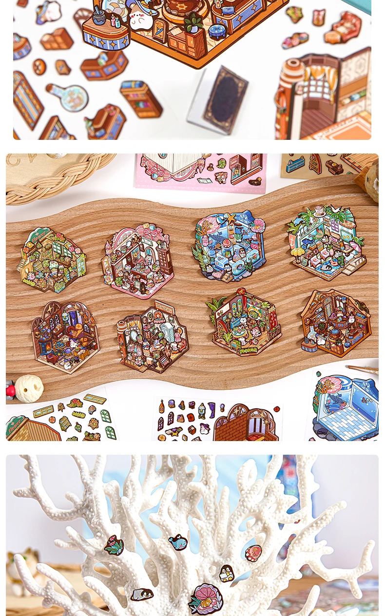 Kawaii 3D Cartoon Magic House Miniature Scene Stickers DIY Handmade Scrapbooking Stacking Paste Game Stickers Children's Gifts