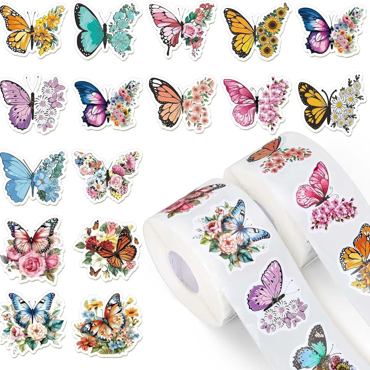 500pcs Butterfly Flower Sticker Rolls 16 Design Colorful Butterfly Decals Decorative Flowers Cute Stickers Party Favor Decoratia