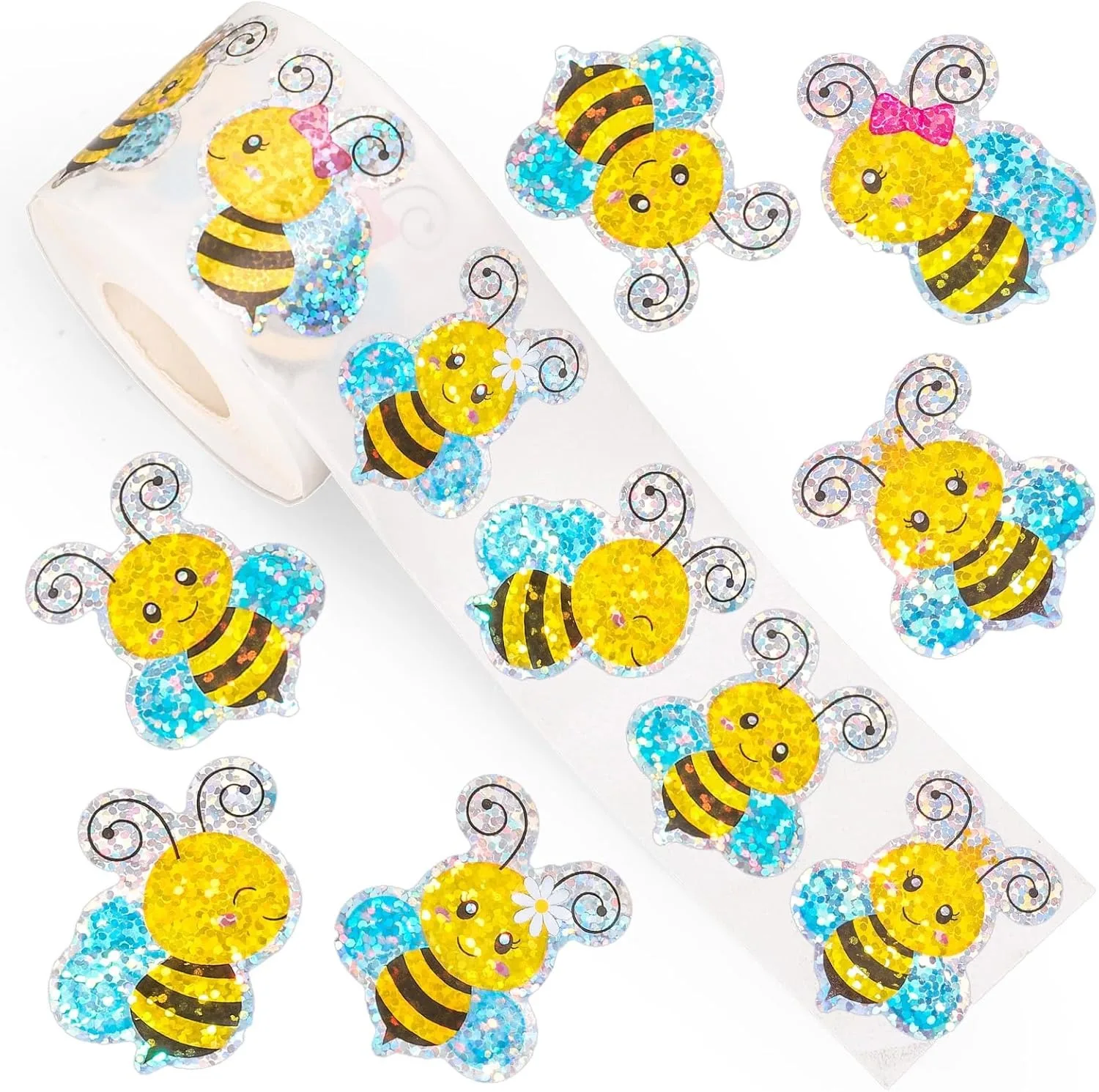 500 Pcs Bee Stickers Roll Laser Bumble Bee Seal Stickers Cartoon Animal Waterproof Self-Adhesive Reward Decals for Jars Bottle
