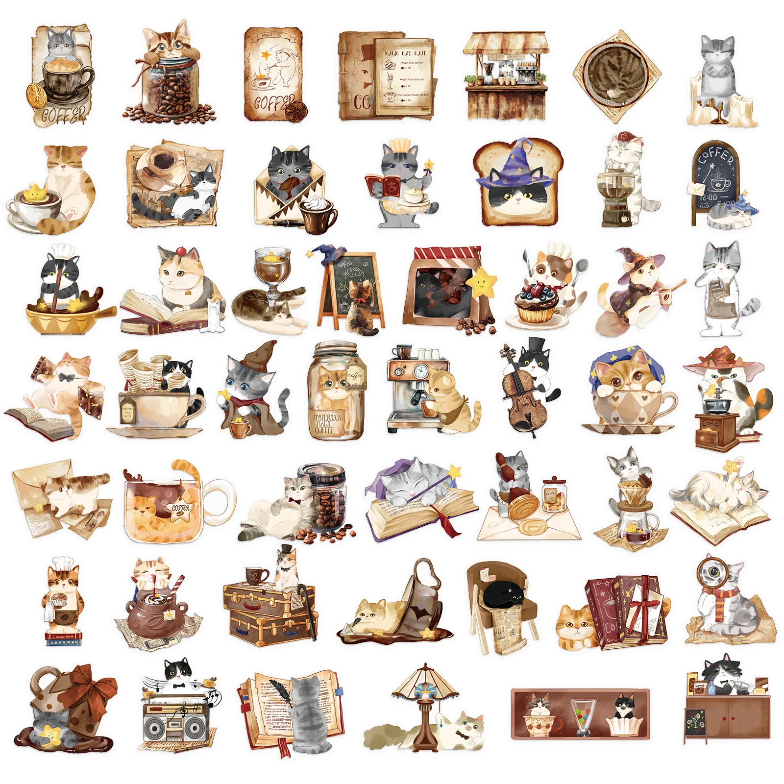 50PCS Magical Cat Cafe Stickers Exquisite Animal Handbooks Mobile Phone Cases Laptops Suitcases Transparent Waterproof Stickers