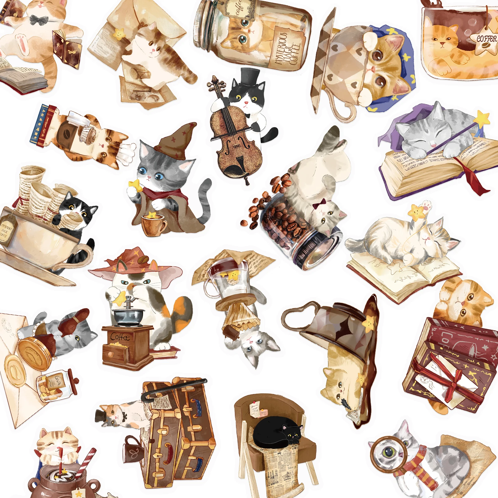 50PCS Magical Cat Cafe Stickers Exquisite Animal Handbooks Mobile Phone Cases Laptops Suitcases Transparent Waterproof Stickers