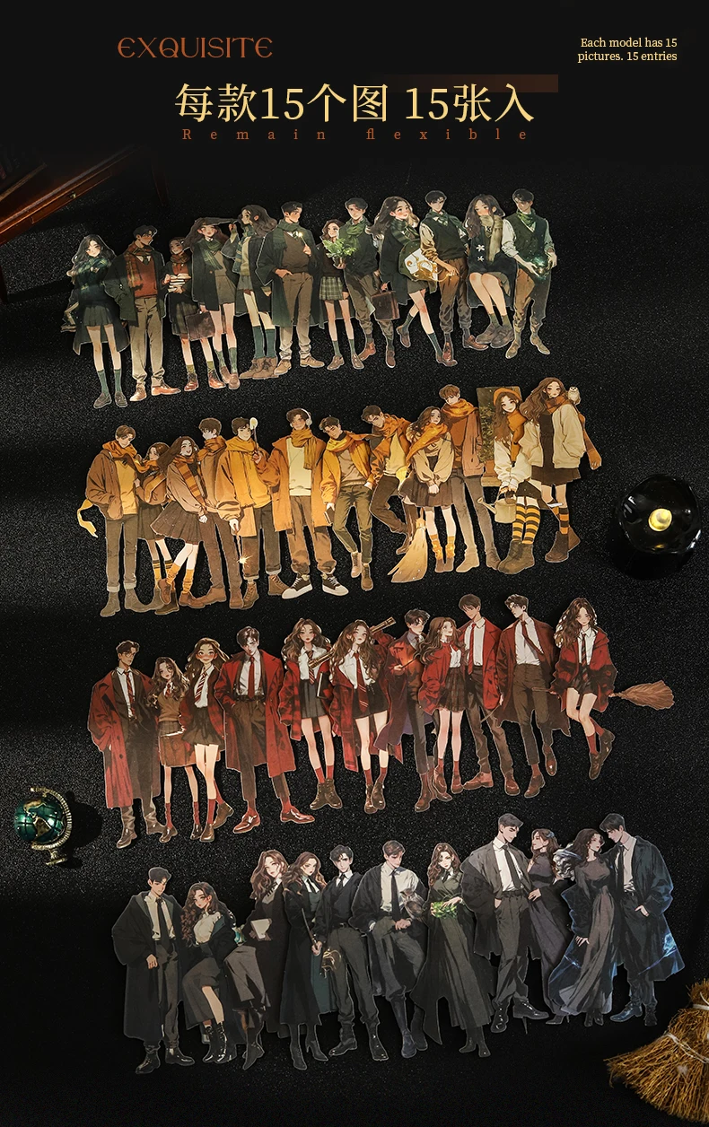 Journal GO 15pcs Magic Academy Fashion Characters Stickers for DIY Journaling Scrapbooking Planner Gucha Decorative Decals