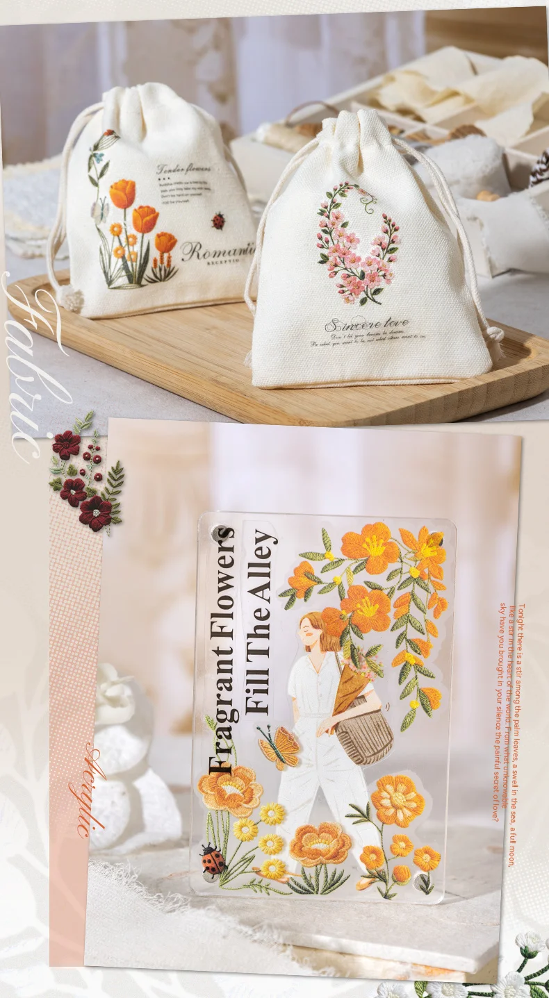 Journal GO 2pcs Floral Vine Embroidery Transfer Stickers Asthetics Journaling Flower Materials Scrapbook Card Craft Handmade