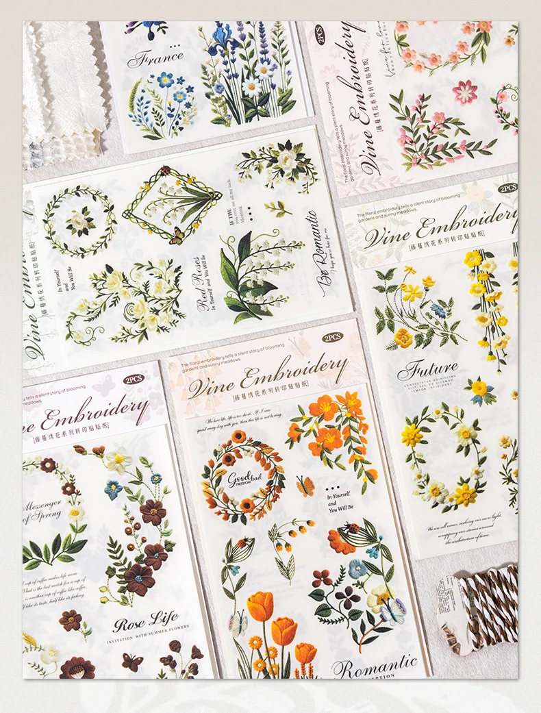 Journal GO 2pcs Floral Vine Embroidery Transfer Stickers Asthetics Journaling Flower Materials Scrapbook Card Craft Handmade