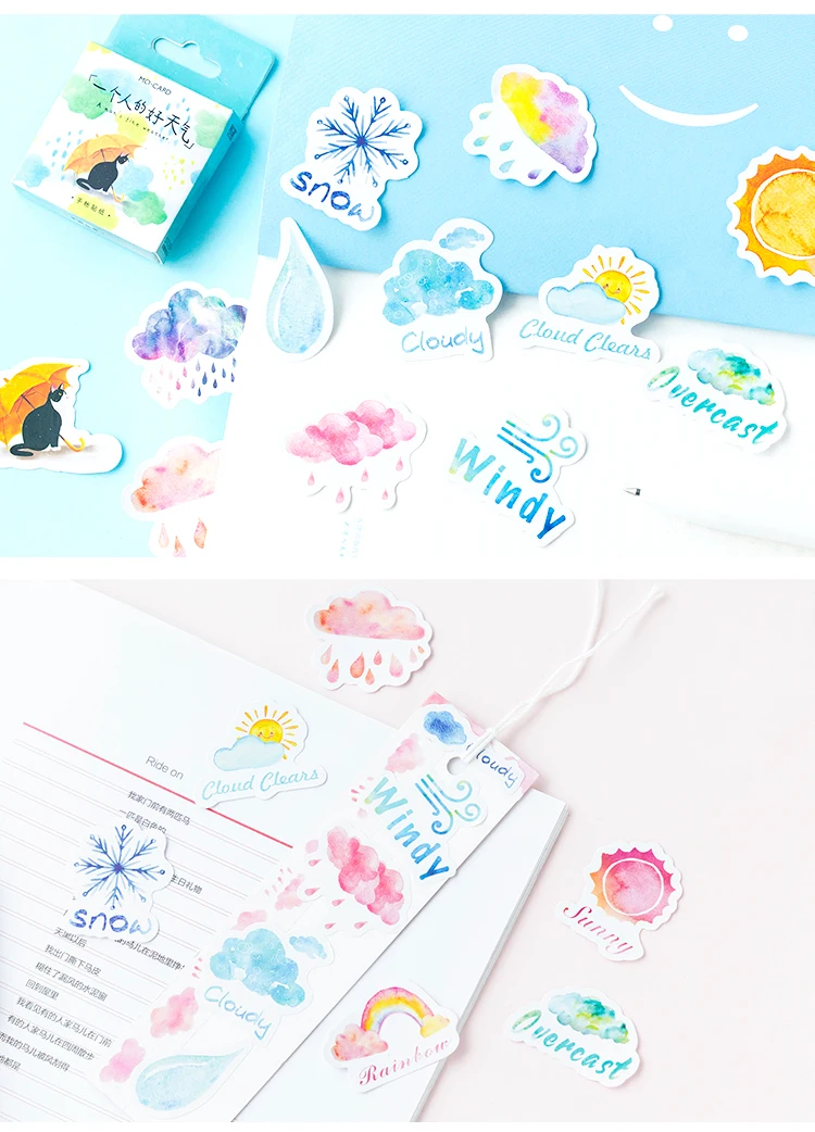 46pcs Kawaii Weather Themed Paper Stickers Set for Diary Decoration DIY Scrapbooking Label Seals Hand Account Stationery