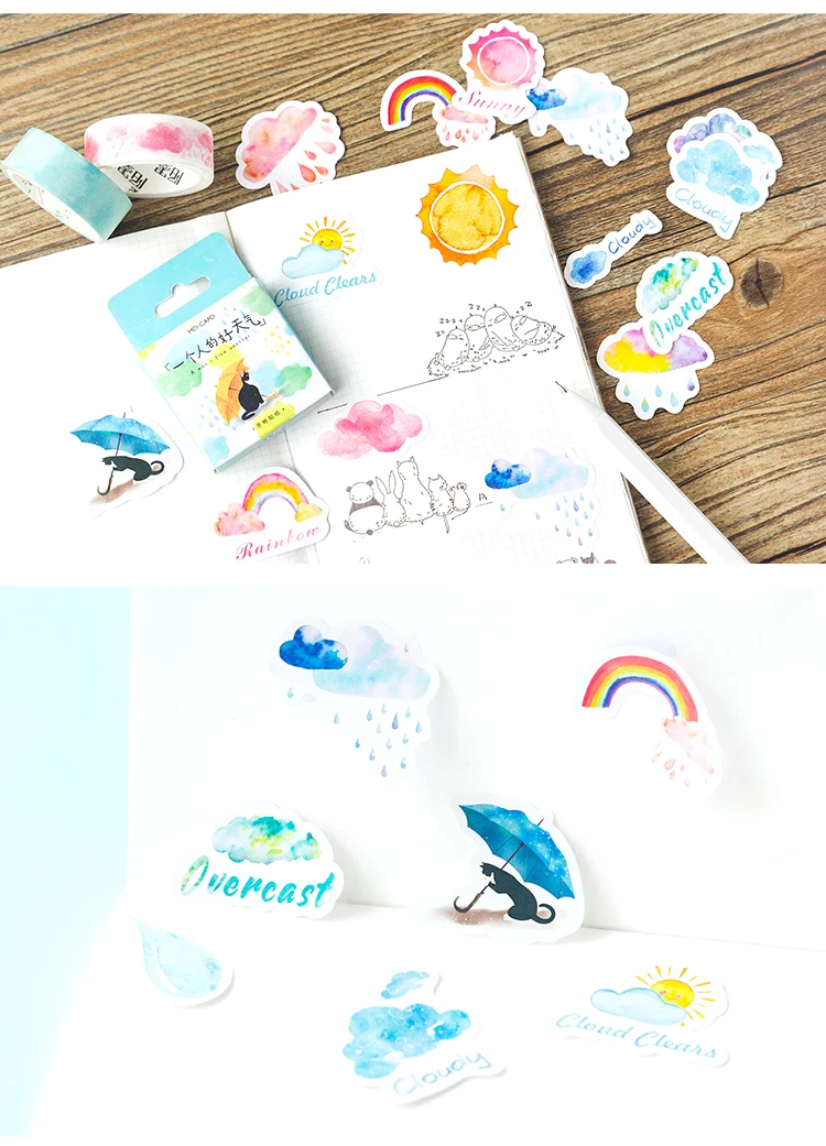 46pcs Kawaii Weather Themed Paper Stickers Set for Diary Decoration DIY Scrapbooking Label Seals Hand Account Stationery