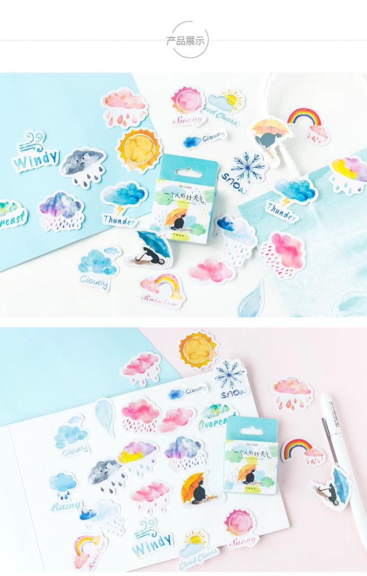 46pcs Kawaii Weather Themed Paper Stickers Set for Diary Decoration DIY Scrapbooking Label Seals Hand Account Stationery