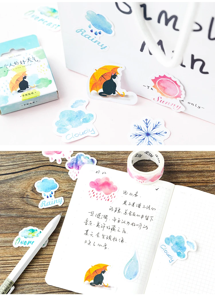 46pcs Kawaii Weather Themed Paper Stickers Set for Diary Decoration DIY Scrapbooking Label Seals Hand Account Stationery
