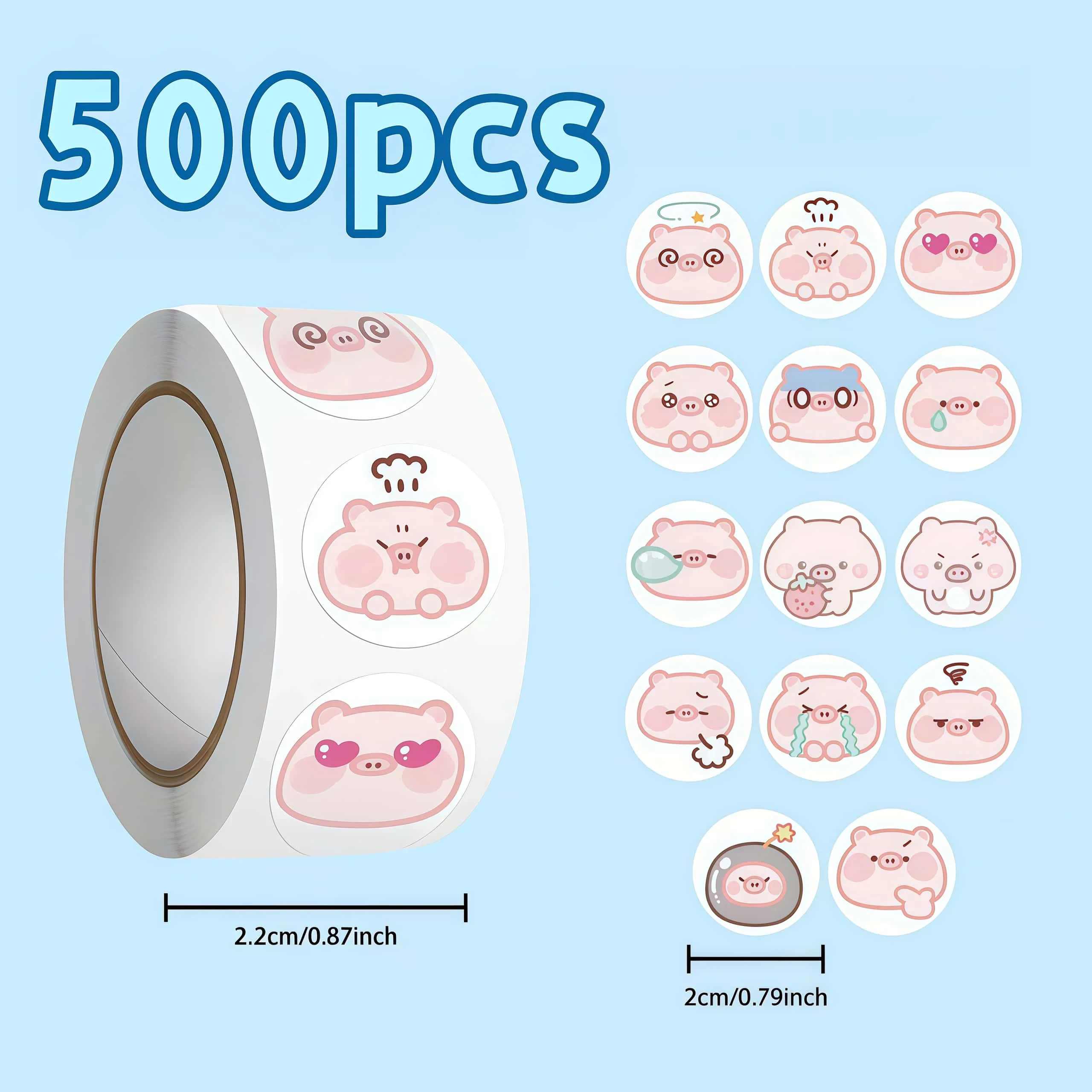 500Pcs/Roll Kawaii Pig Stickers, Cute Expression Round Decals for DIY, Journal & Gift Embellishment