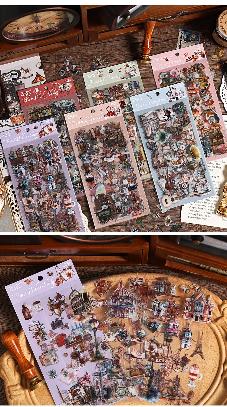 JIANQI 6pcs Literary Retro Stickers PET Materials DIY Scrapbooking Art Collage Stationery Planner Decor Diary Stickers
