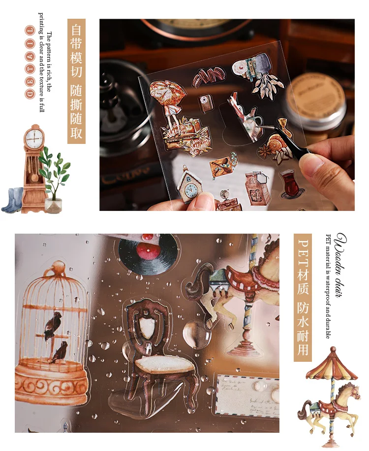 JIANQI 6pcs Literary Retro Stickers PET Materials DIY Scrapbooking Art Collage Stationery Planner Decor Diary Stickers