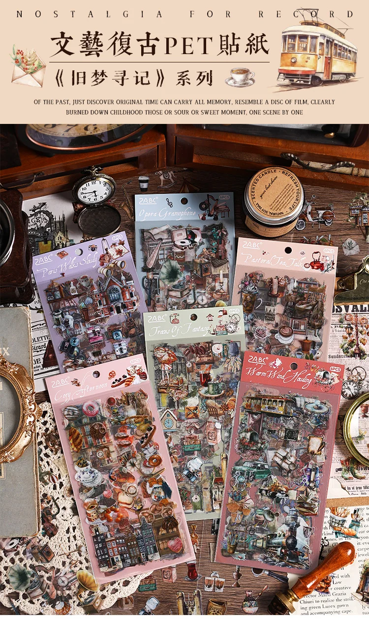 JIANQI 6pcs Literary Retro Stickers PET Materials DIY Scrapbooking Art Collage Stationery Planner Decor Diary Stickers