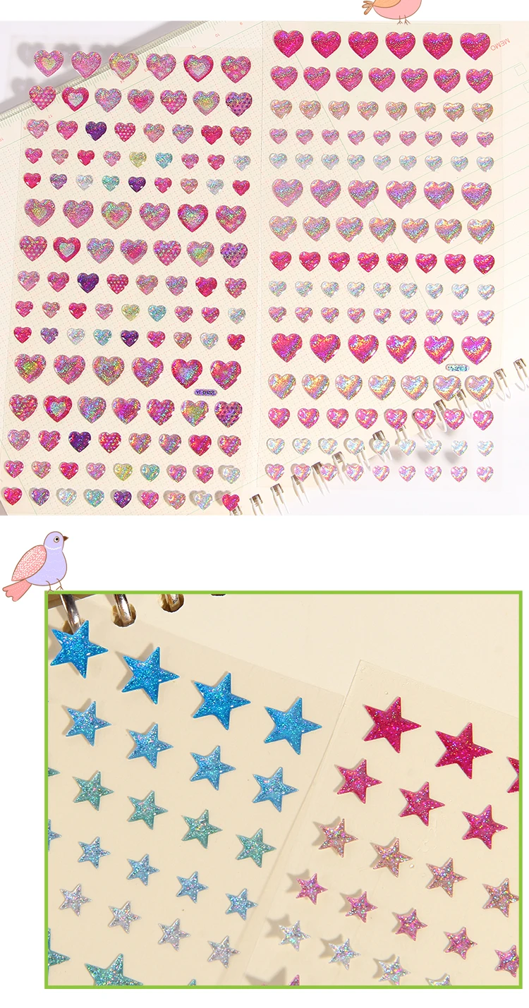 Colorful Glittering Hearts Stars Crystal Drop 3D Stickers Scrapbooking Diy Journal Stationery Sticker Sheet Deco Gift