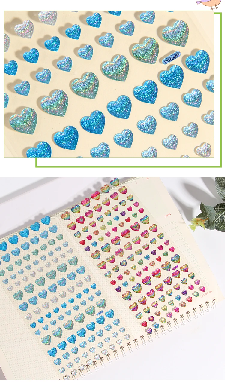 Colorful Glittering Hearts Stars Crystal Drop 3D Stickers Scrapbooking Diy Journal Stationery Sticker Sheet Deco Gift