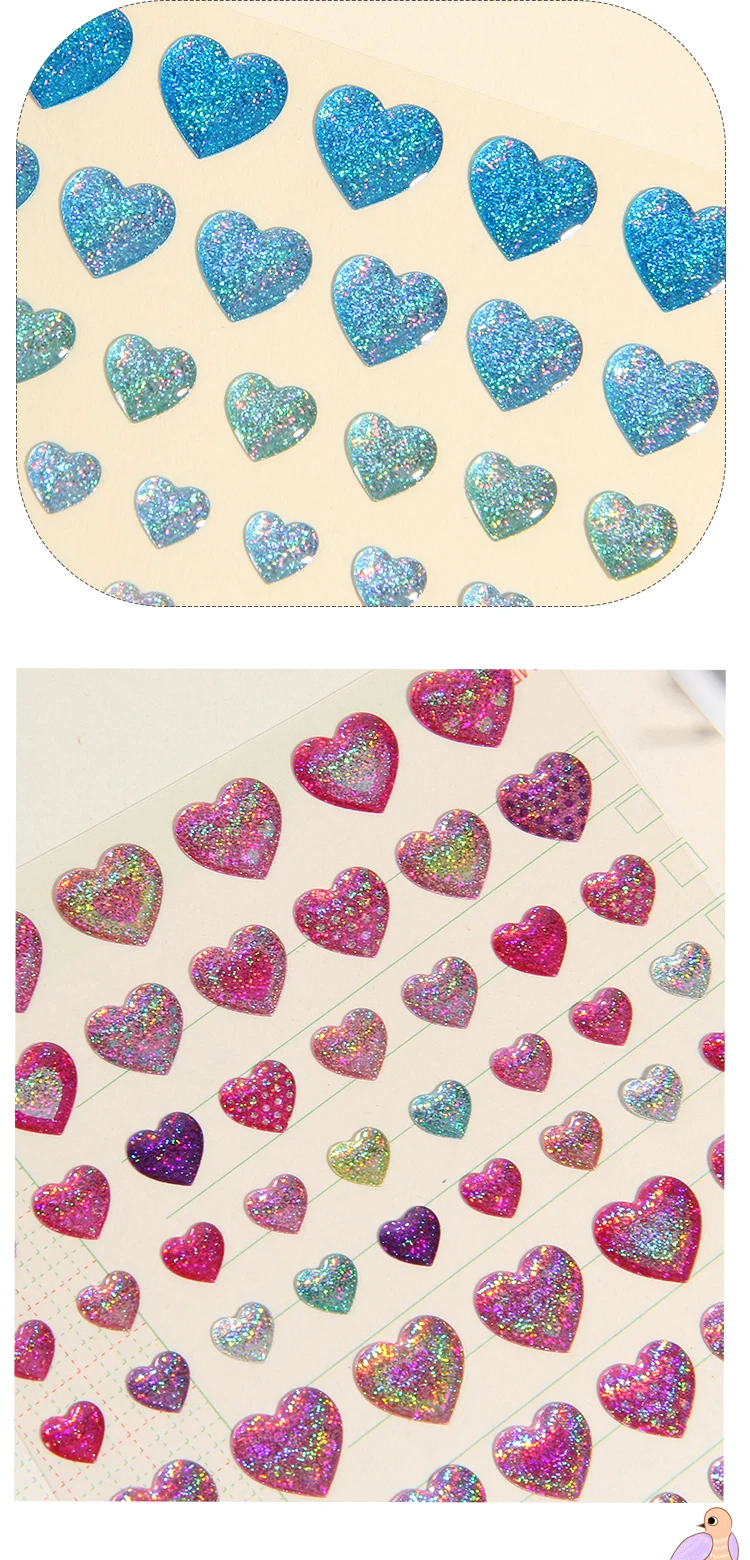Colorful Glittering Hearts Stars Crystal Drop 3D Stickers Scrapbooking Diy Journal Stationery Sticker Sheet Deco Gift