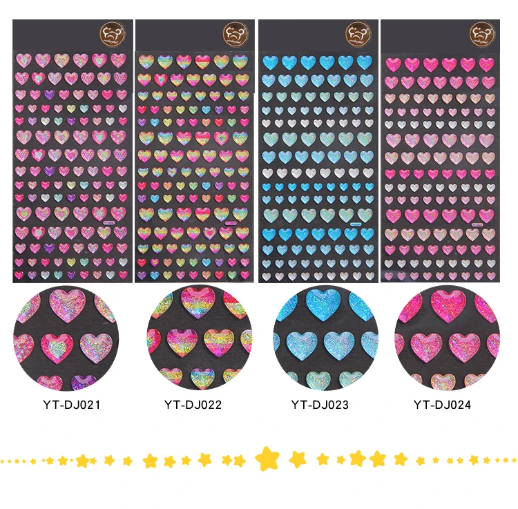 Colorful Glittering Hearts Stars Crystal Drop 3D Stickers Scrapbooking Diy Journal Stationery Sticker Sheet Deco Gift