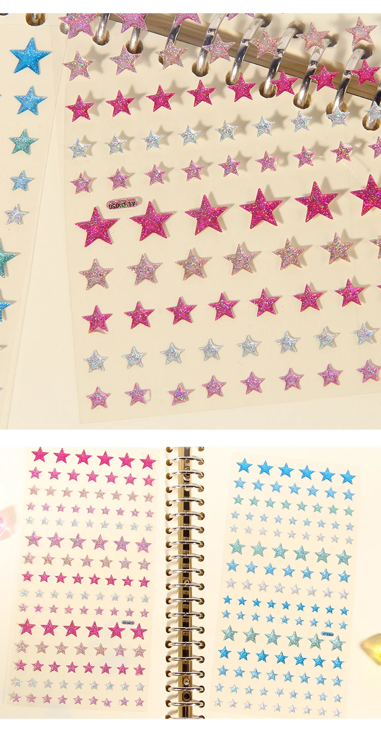 Colorful Glittering Hearts Stars Crystal Drop 3D Stickers Scrapbooking Diy Journal Stationery Sticker Sheet Deco Gift