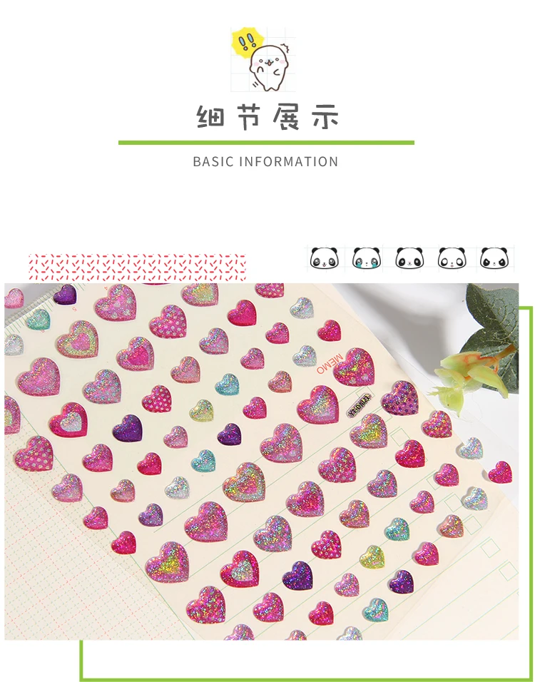 Colorful Glittering Hearts Stars Crystal Drop 3D Stickers Scrapbooking Diy Journal Stationery Sticker Sheet Deco Gift