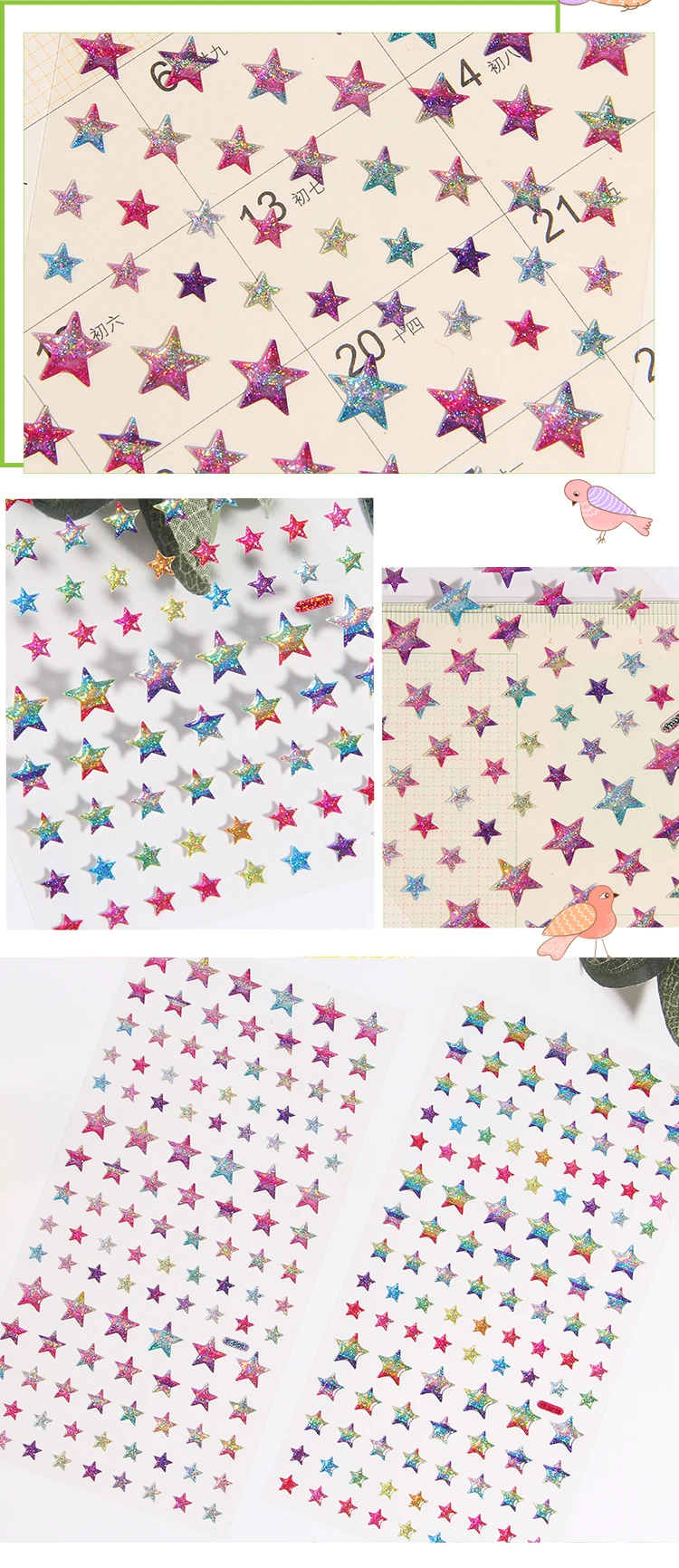 Colorful Glittering Hearts Stars Crystal Drop 3D Stickers Scrapbooking Diy Journal Stationery Sticker Sheet Deco Gift
