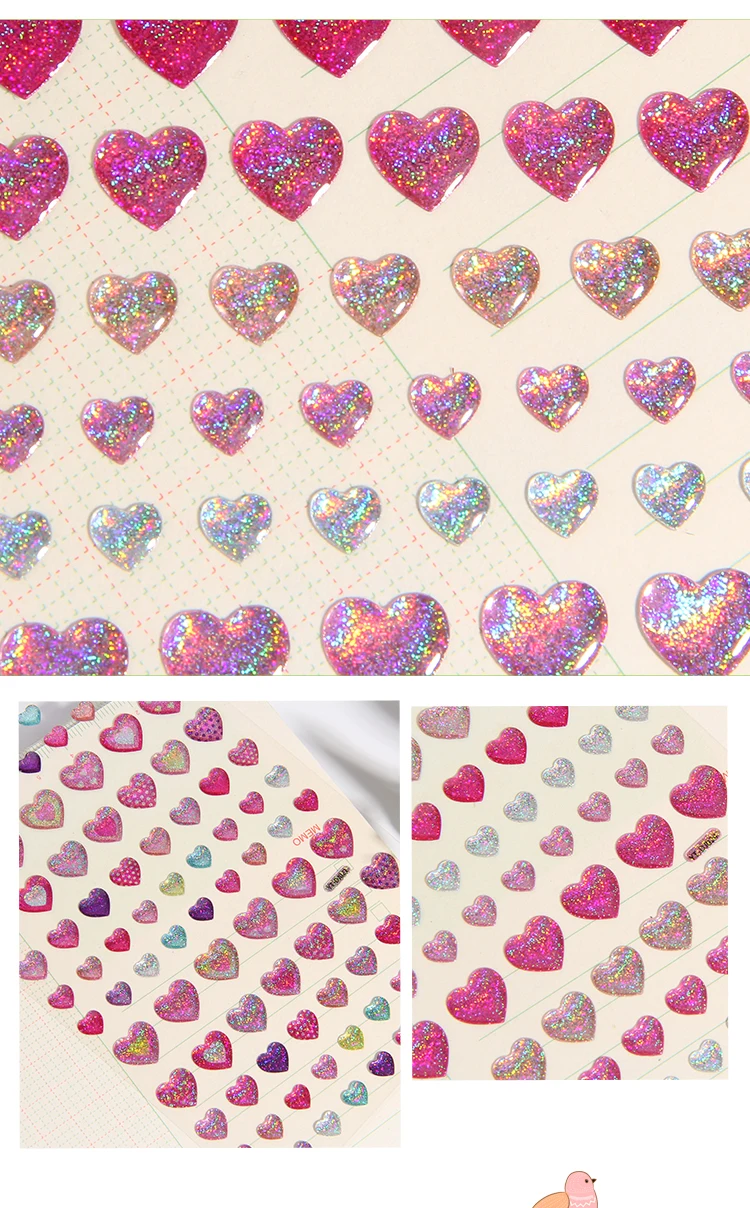 Colorful Glittering Hearts Stars Crystal Drop 3D Stickers Scrapbooking Diy Journal Stationery Sticker Sheet Deco Gift