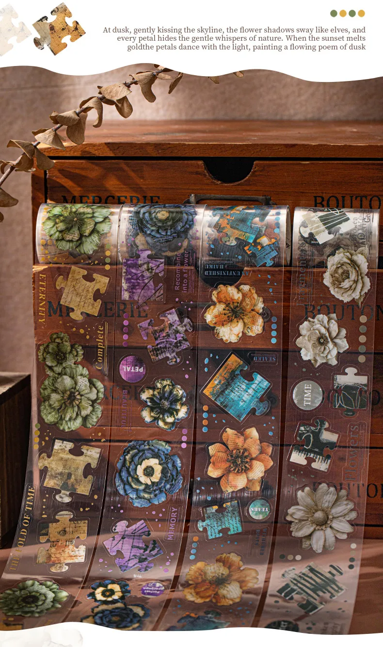 Journal GO 5x200cm Flower Shadow Fragment Set Vintage Floral Puzzle PET Tape Stickers Creative DIY Journal Collage Material