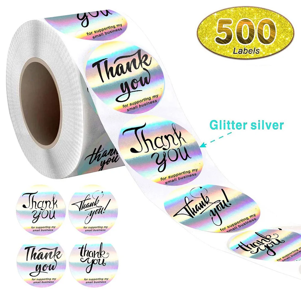 25mm Rainbow Laser Thank You Stickers Small Business Stickers 50-500pcs Adhesive Labels For Business Boutiques Wrapping Supplies