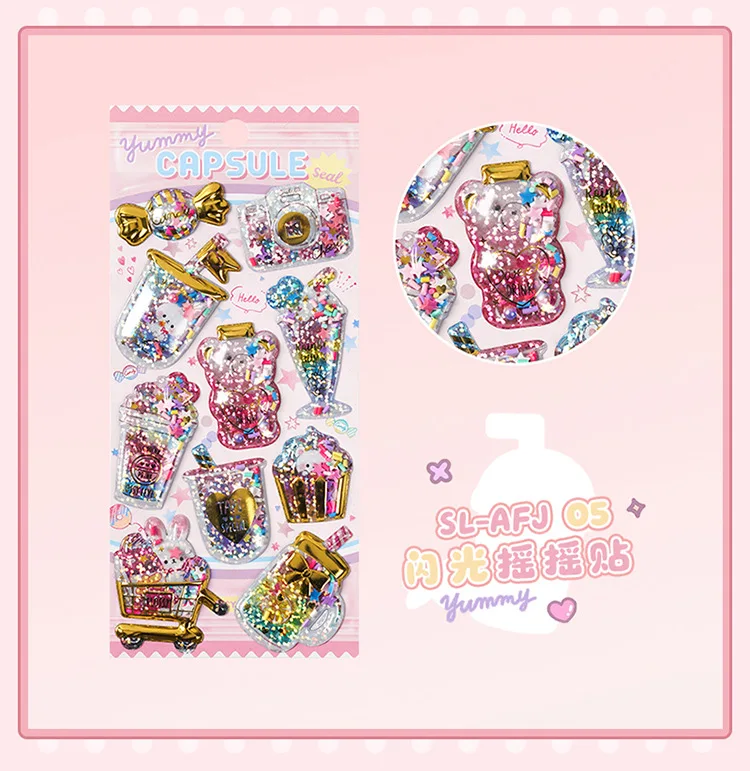 Kawaii Glittering 3D Capsule Stickers Cartoon Scrapbooking Diy Diary Stationery Sticker Cute Gift School Supplies