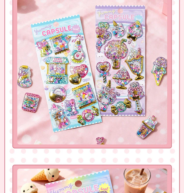 Kawaii Glittering 3D Capsule Stickers Cartoon Scrapbooking Diy Diary Stationery Sticker Cute Gift School Supplies
