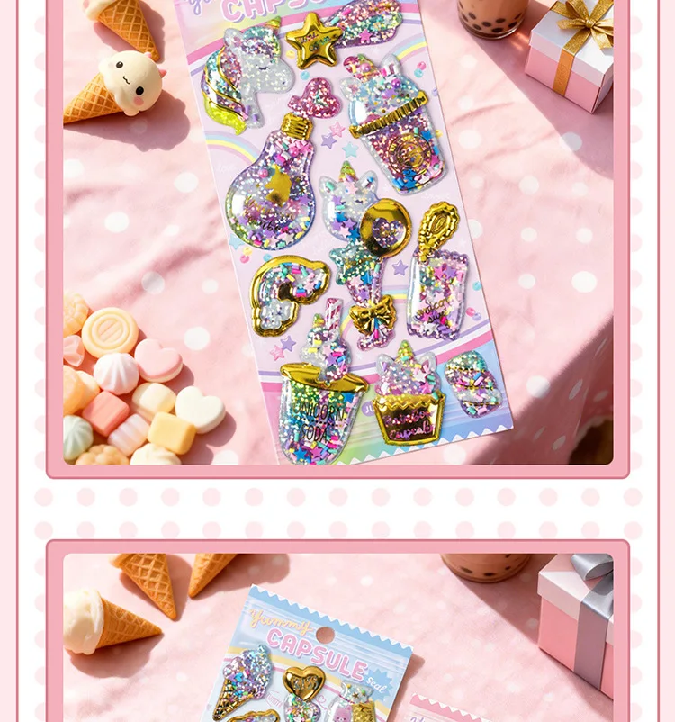 Kawaii Glittering 3D Capsule Stickers Cartoon Scrapbooking Diy Diary Stationery Sticker Cute Gift School Supplies