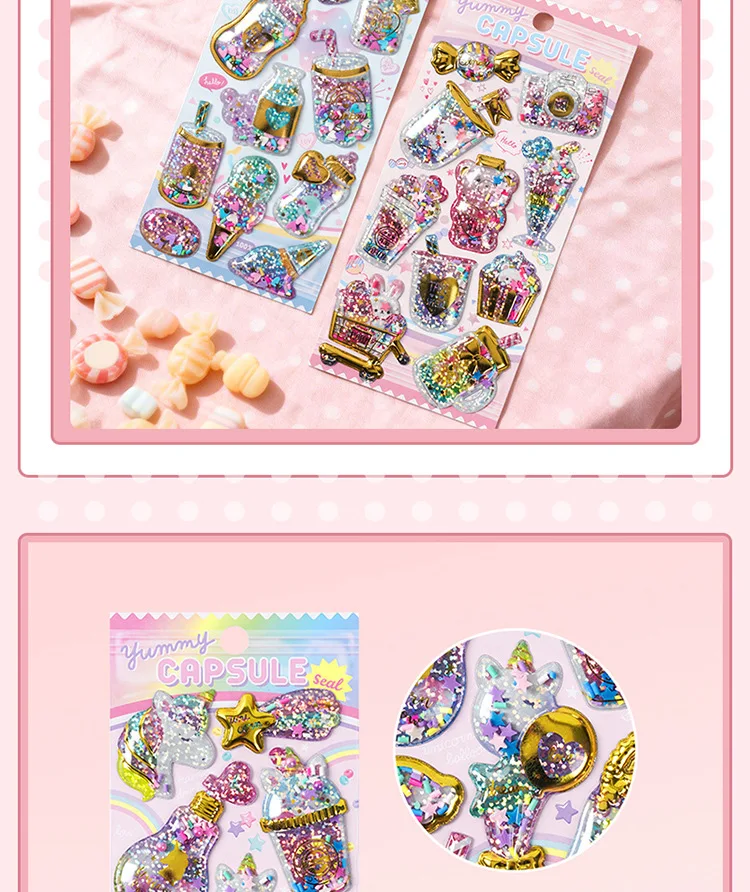 Kawaii Glittering 3D Capsule Stickers Cartoon Scrapbooking Diy Diary Stationery Sticker Cute Gift School Supplies