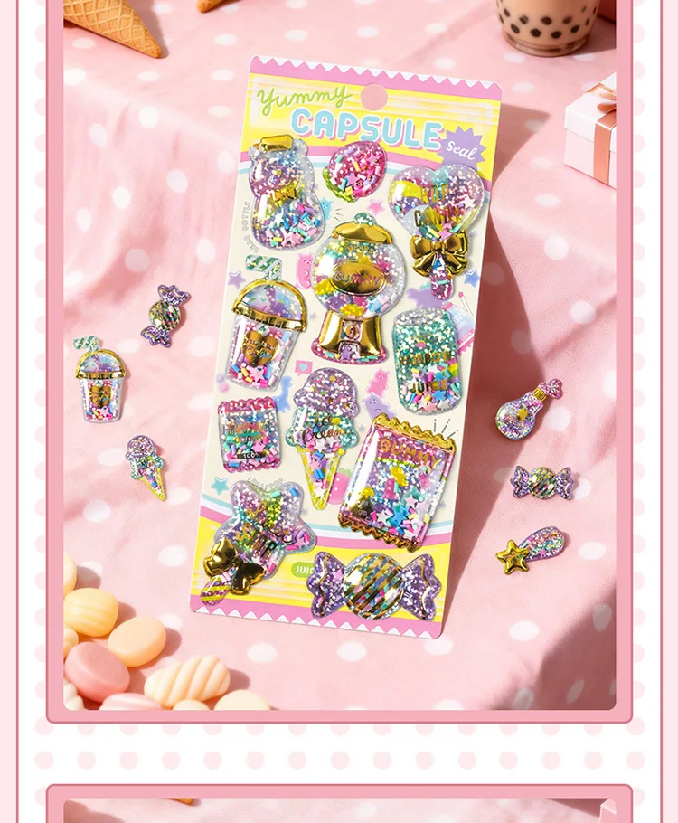 Kawaii Glittering 3D Capsule Stickers Cartoon Scrapbooking Diy Diary Stationery Sticker Cute Gift School Supplies