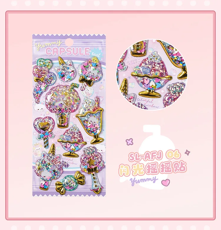 Kawaii Glittering 3D Capsule Stickers Cartoon Scrapbooking Diy Diary Stationery Sticker Cute Gift School Supplies