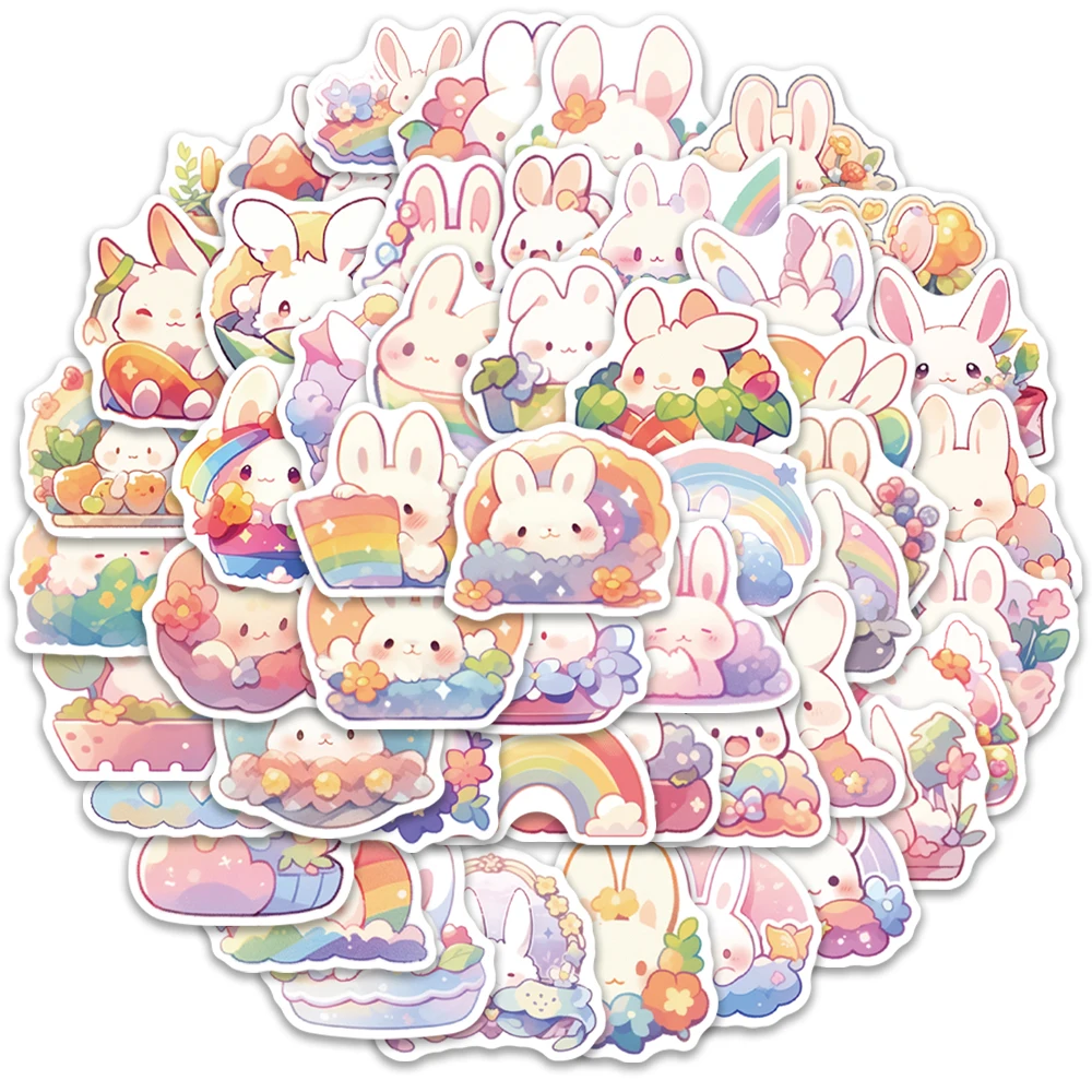 50PCS Rainbow Rabbit Stickers Cartoon Exquisite Handbooks Material Phone Cases Laptop Suitcases Water Cups Waterproof Stickers