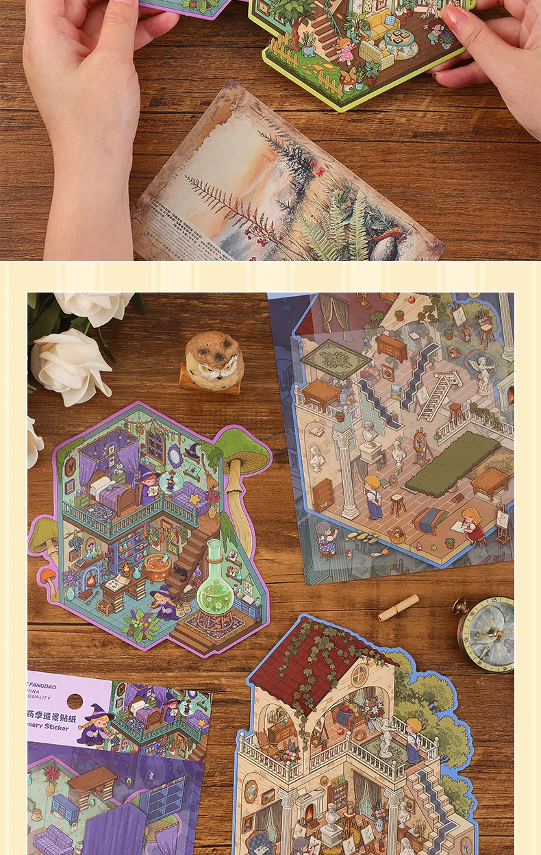 3 pcs 3d Landscaping Stickers Cartoon Miniature Scene Diy Cabin Scene Stacking And Pasting Hand Account Cute Gift For Kid Child