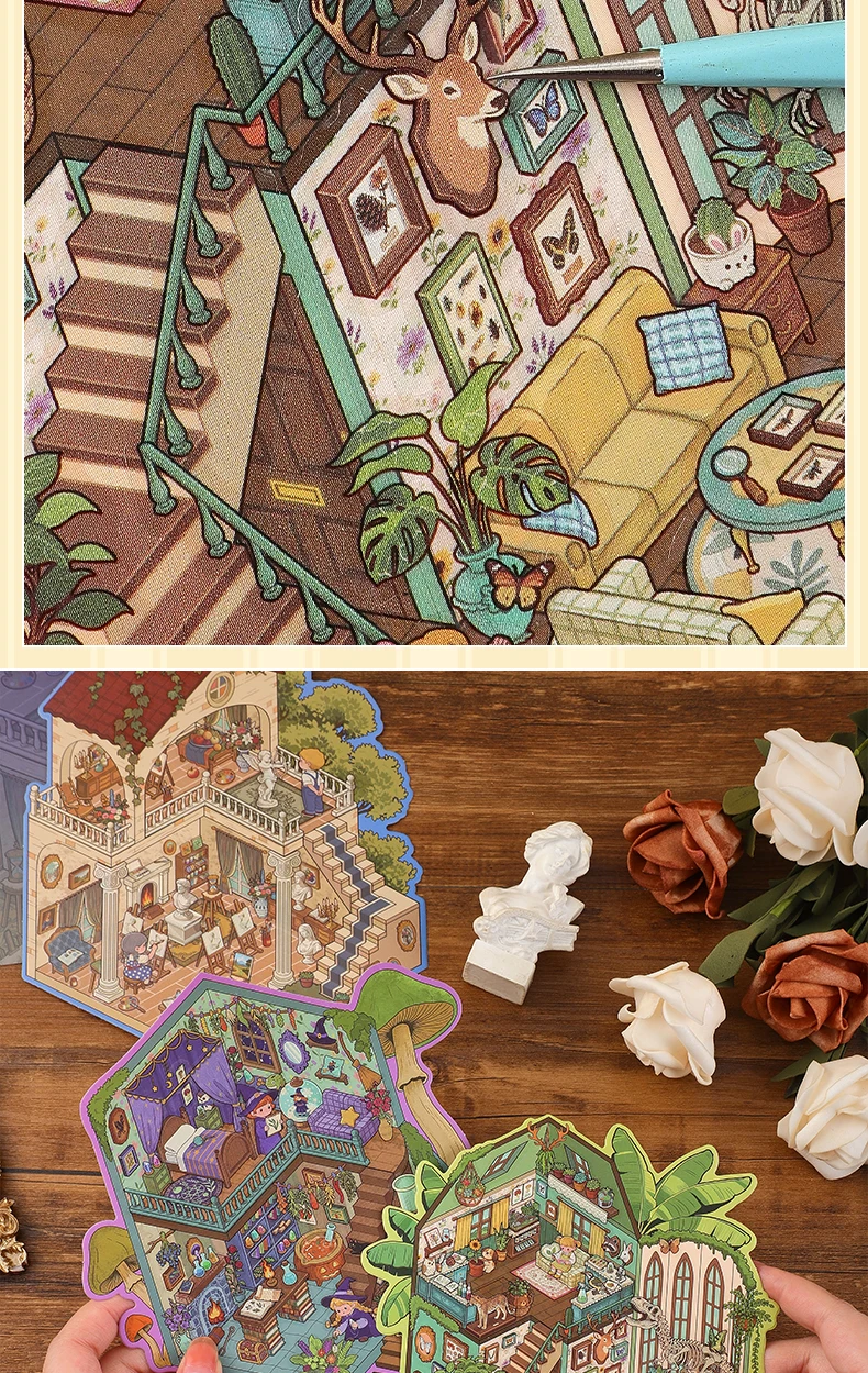 3 pcs 3d Landscaping Stickers Cartoon Miniature Scene Diy Cabin Scene Stacking And Pasting Hand Account Cute Gift For Kid Child