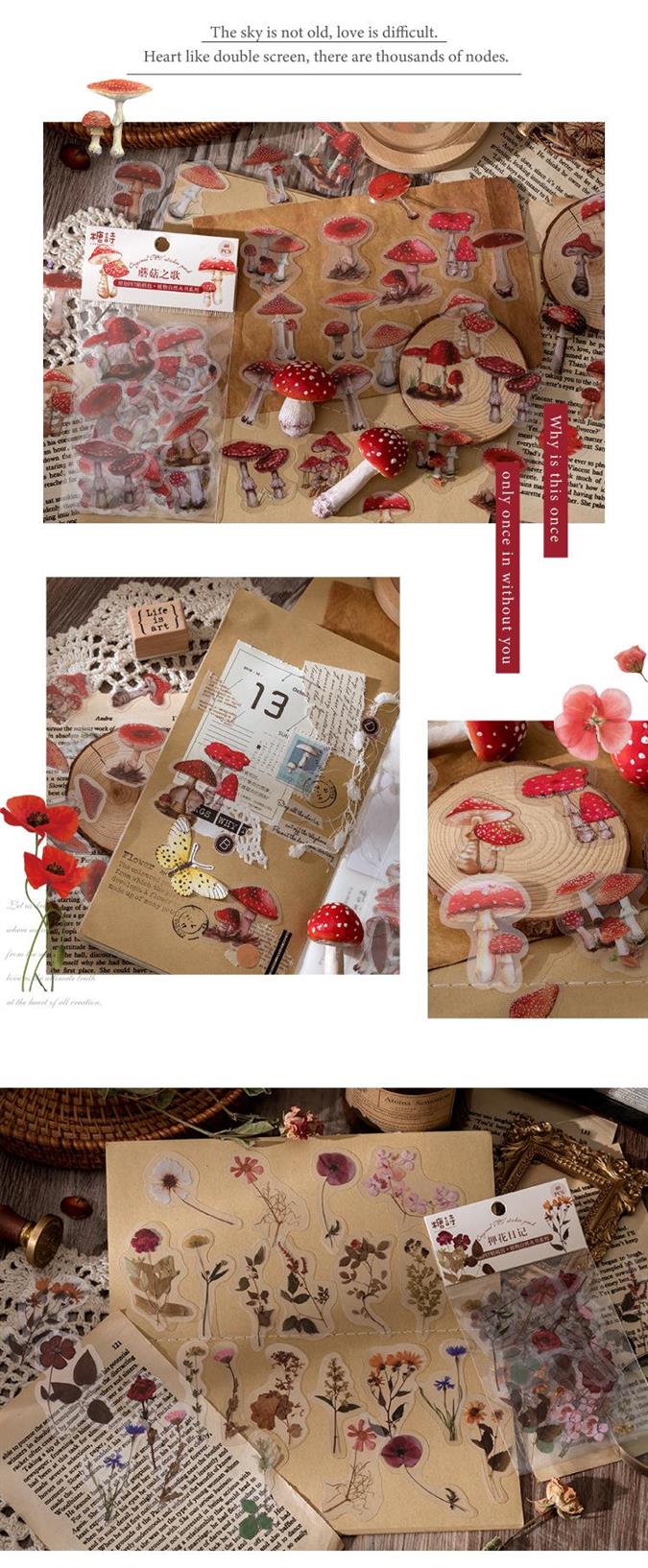 40pcs Plant & Nature Flower Decorative PVC Stickers Daisy & Mushroom DIY Scrapbooking Labels Journaling Stationery Album Decals