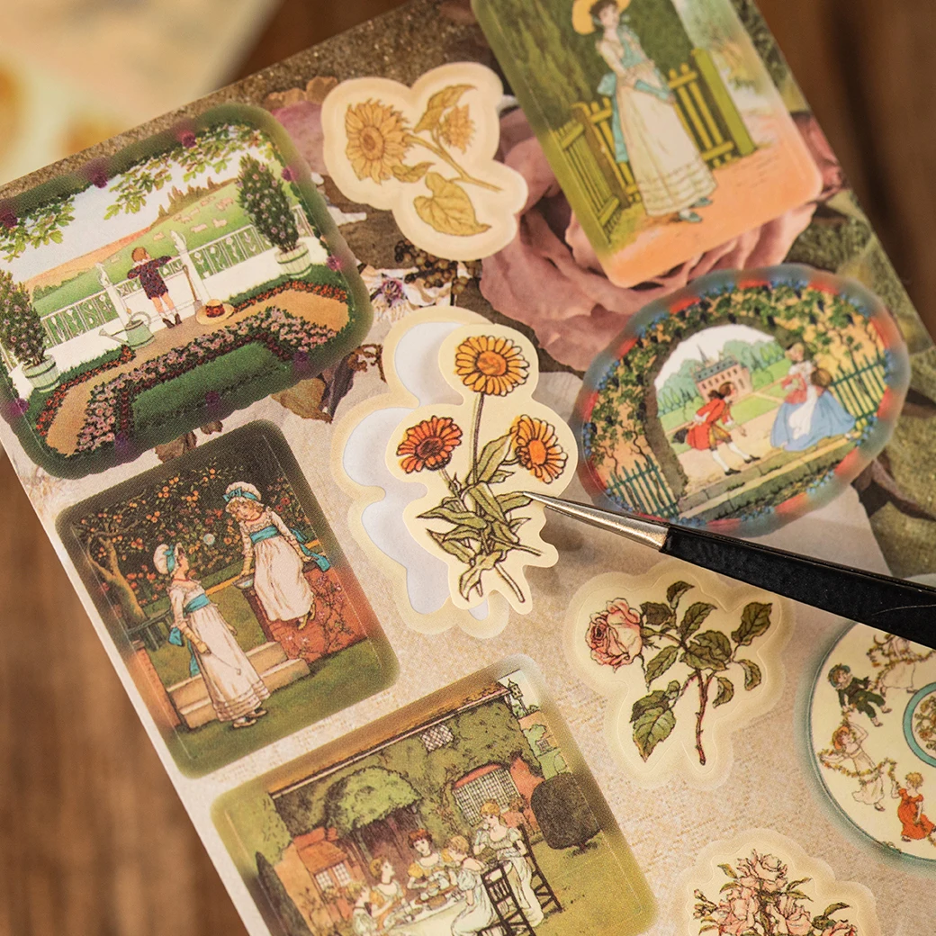 30/60 Pcs Vintage PET Die Cut Sticker Book DIY Scrapbooking Album with Paradise & Food Decorative for Retro INS Diary Stickers
