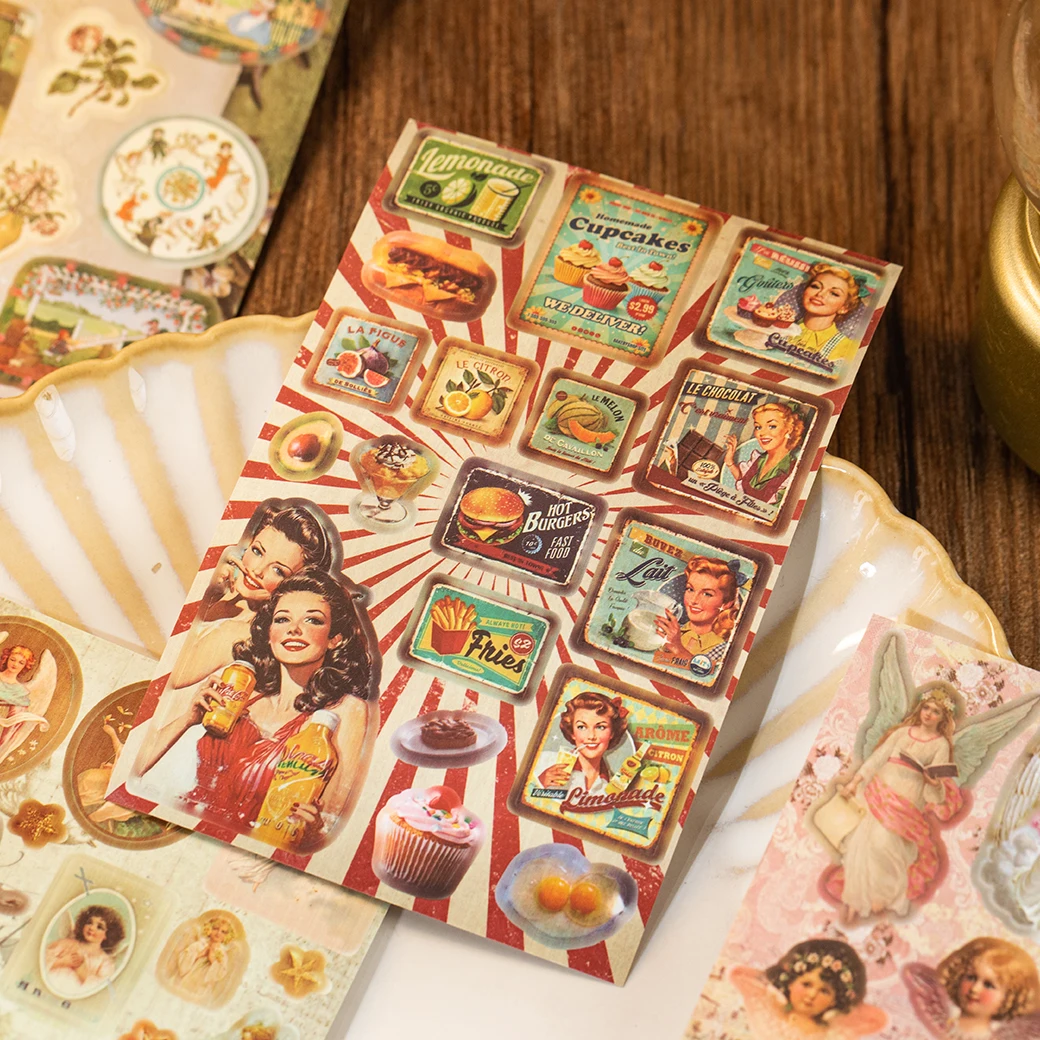 30/60 Pcs Vintage PET Die Cut Sticker Book DIY Scrapbooking Album with Paradise & Food Decorative for Retro INS Diary Stickers