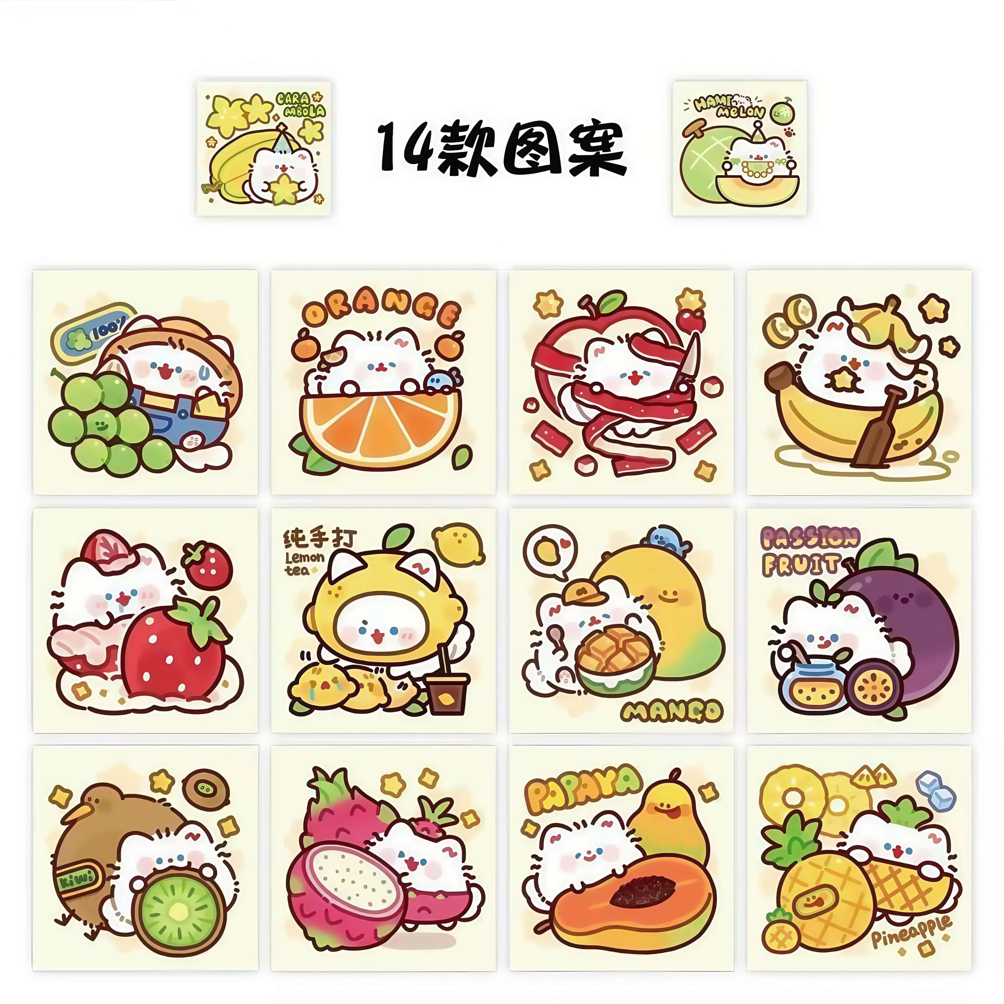 500Pcs/Roll Kawaii Fruit Cat Stickers, 14 Cute Cartoon Patterns Decals for Laptop Journal DIY Craft Decor