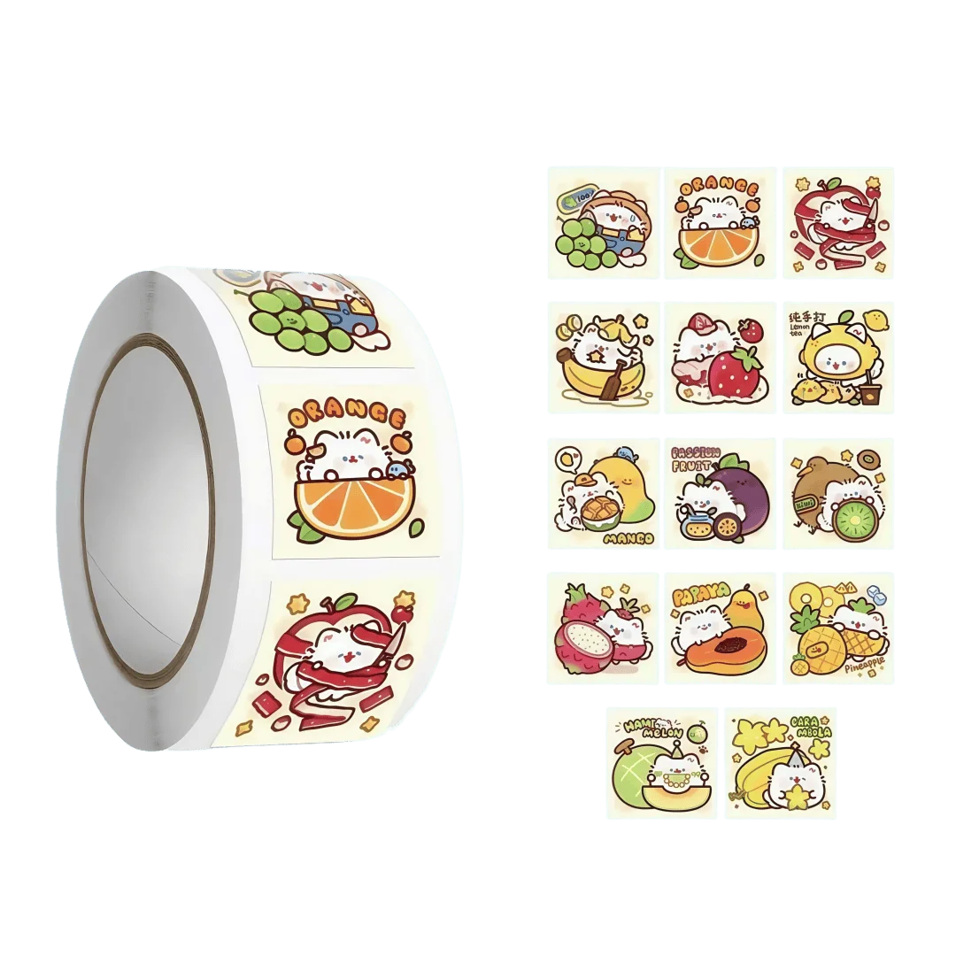 500Pcs/Roll Kawaii Fruit Cat Stickers, 14 Cute Cartoon Patterns Decals for Laptop Journal DIY Craft Decor
