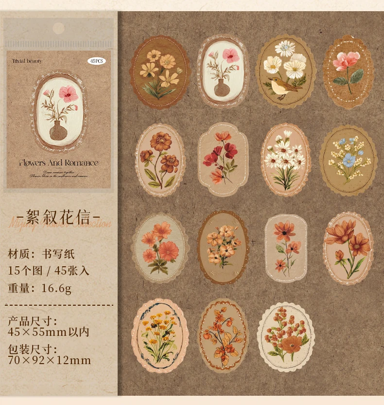 Journal GO 45pcsVintage Flowers Sticker for DIY Scrapbooking Journal Photo Album Decoration Materials Sticky Floral Decals