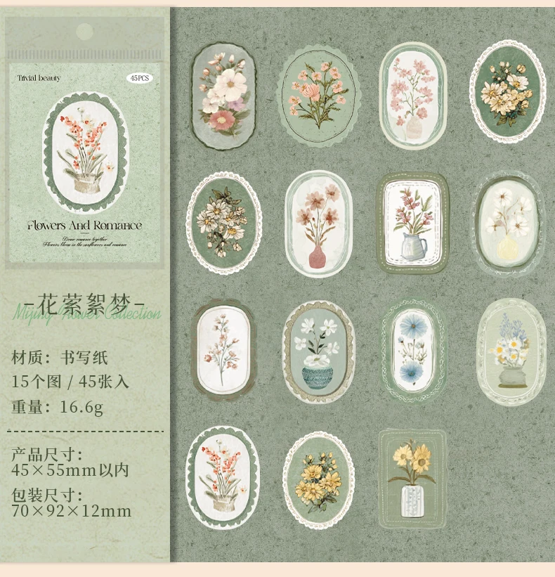 Journal GO 45pcsVintage Flowers Sticker for DIY Scrapbooking Journal Photo Album Decoration Materials Sticky Floral Decals