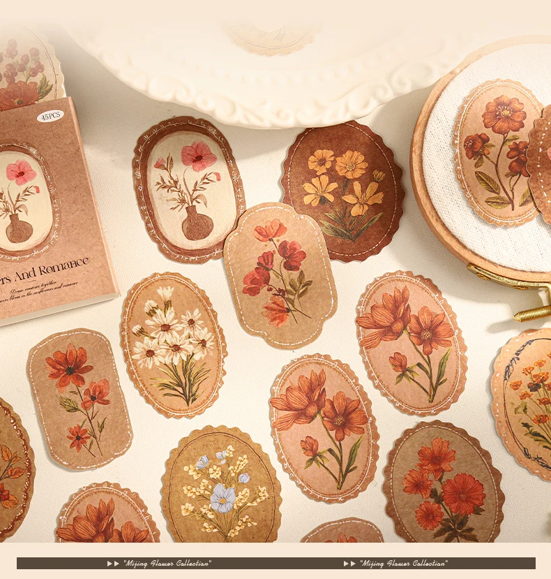 Journal GO 45pcsVintage Flowers Sticker for DIY Scrapbooking Journal Photo Album Decoration Materials Sticky Floral Decals