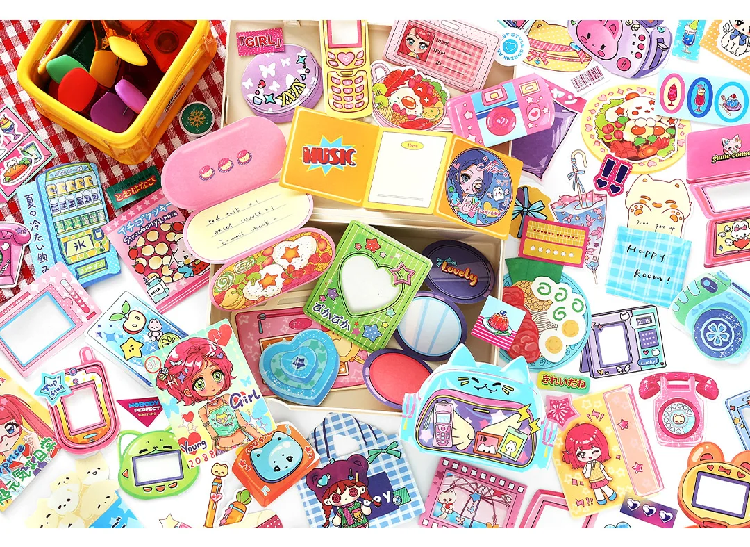 20/80pcs Neon Tribe Series Kawaii Ins Cartoon Small Element Adhesive Label Material Pack Scrapbooking DIY Aesthetic Stationery
