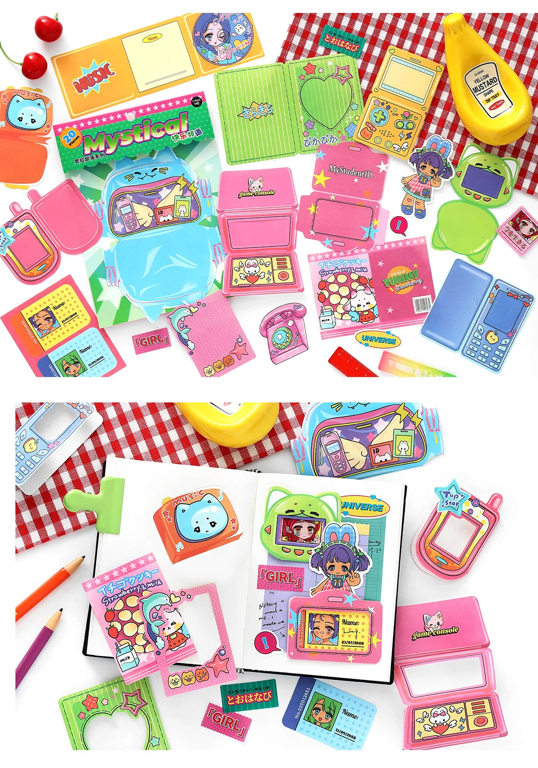 20/80pcs Neon Tribe Series Kawaii Ins Cartoon Small Element Adhesive Label Material Pack Scrapbooking DIY Aesthetic Stationery